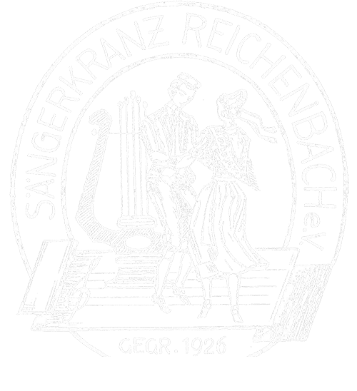 Logo Sängerkranz Reichenbach. Notenschlüssel, Instrument, tanzendes Paar in Tracht, gegründet 1926.